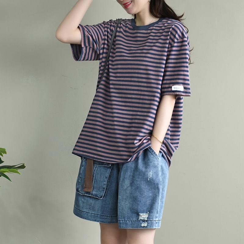 Женская полосатая футболка с короткими рукавами больших размеров — фото 7