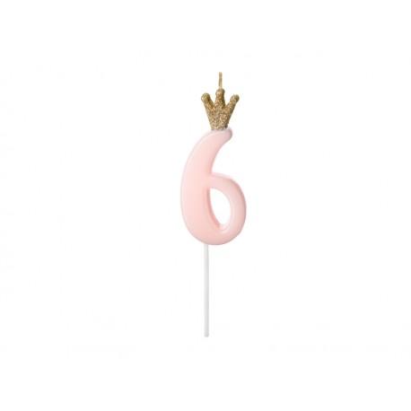 Number 6 Birthday Candle, Light Pink, 9.5cm