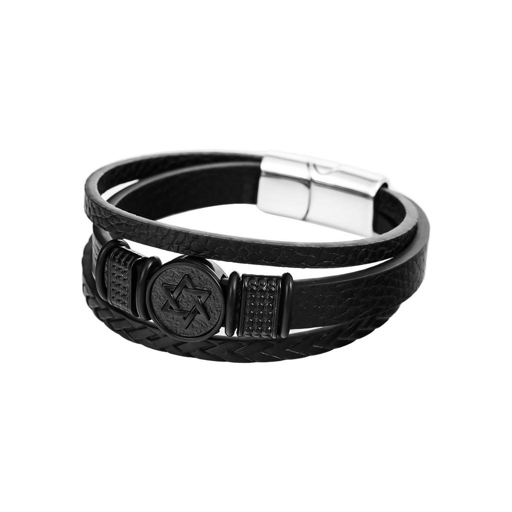 Men's Stylish Cross Hexagram Multi-layer Leather Bracelet