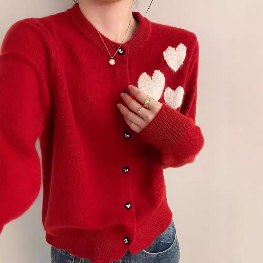 "2024 Spring/Autumn Women's Korean Loose Knit Cardigan, Love Embroidery, Round Neck, Button-Up, Cozy Style"
