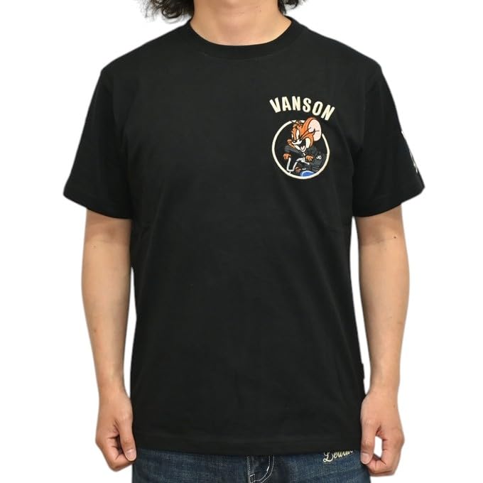 Vanson Tom and Jerry TJV-2518 Ride-On Bike Short Sleeve Jersey T-Shirt, Men's (JP, Alphabet, L, Black)