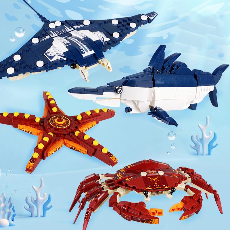 Non-Toxic Ocean Animals Building Block Diy Creative Assembly Crab Small Particle Toy Shark Lobster Robot Deformation For Kids Adults Gift