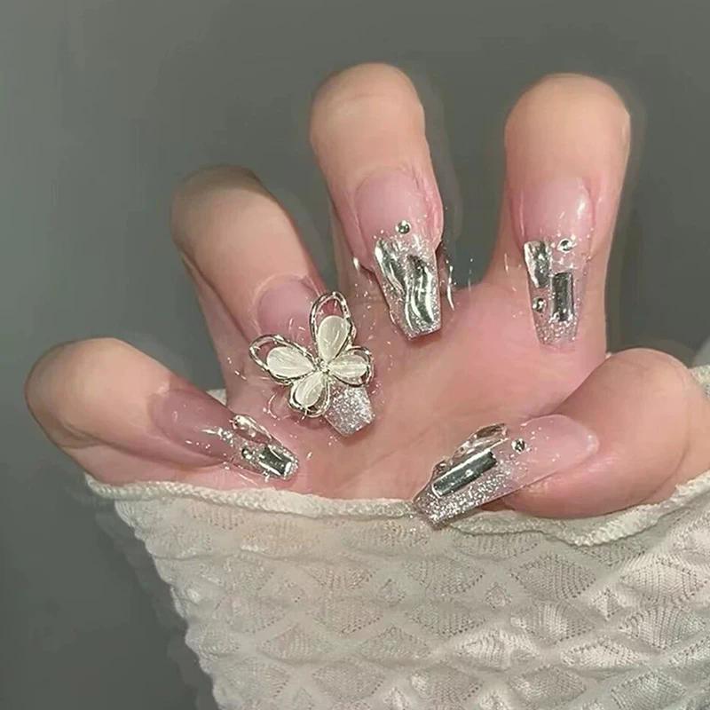 24Pcs Simple Fake Nail With Jelly Glue Butterfly Design Pink White Gradient French Press On False Nails Full Cover Nail Tips