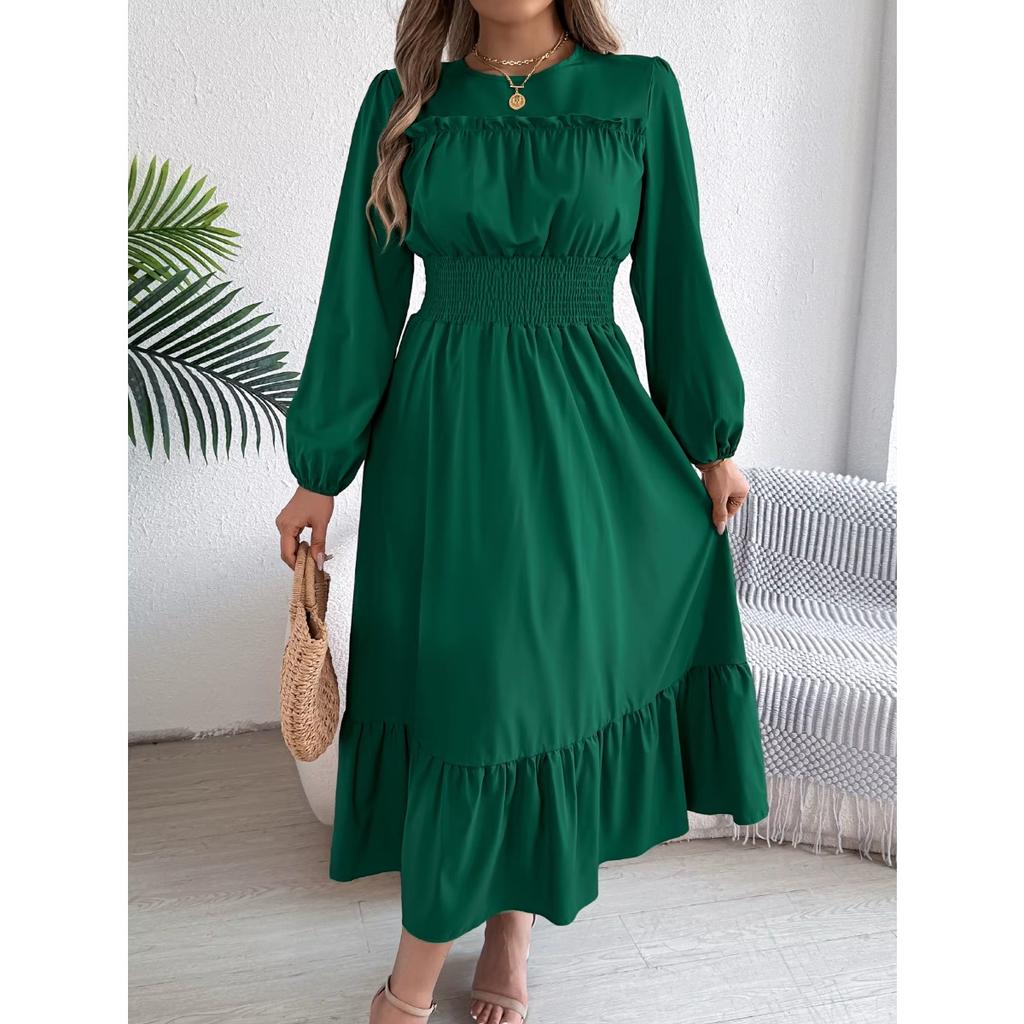 Autumn and Winter Casual Elegant Solid Color Round Neck Long Sleeved Waist Cinched Lotus Leaf Edge Dress Women Clothing