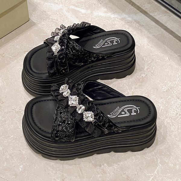 

Модная обувь Тапочки Женские Летние Платформа Pantofle Роскошные Шлепанцы Желейные Вьетнамки 2025 Дизайнер Блестки Мода Кристалл Блеск 35