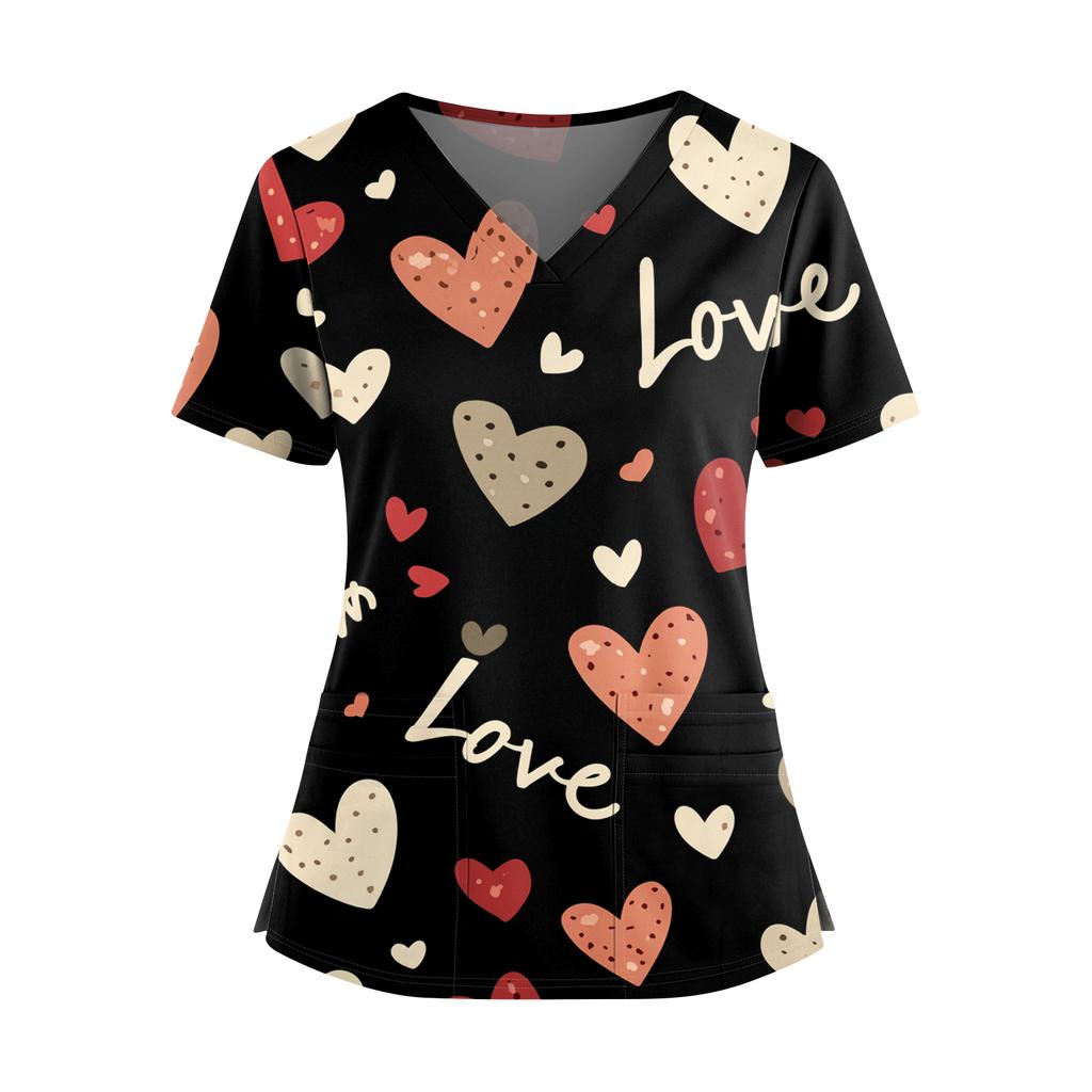 Women's Valentine's Day  Printed V-Neck Double Pocket Short Sleeves Hem Slit  Uniform Caregiver Top
