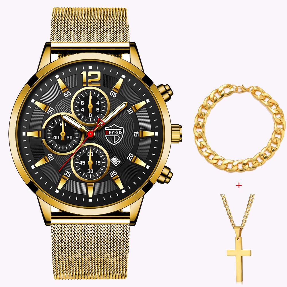 

3 шт./компл. модные мужские спортивные часы мужские наручные часы из нержавеющей стали с сетчатым ремнем мужские кварцевые часы, браслет и шейный платок золотой