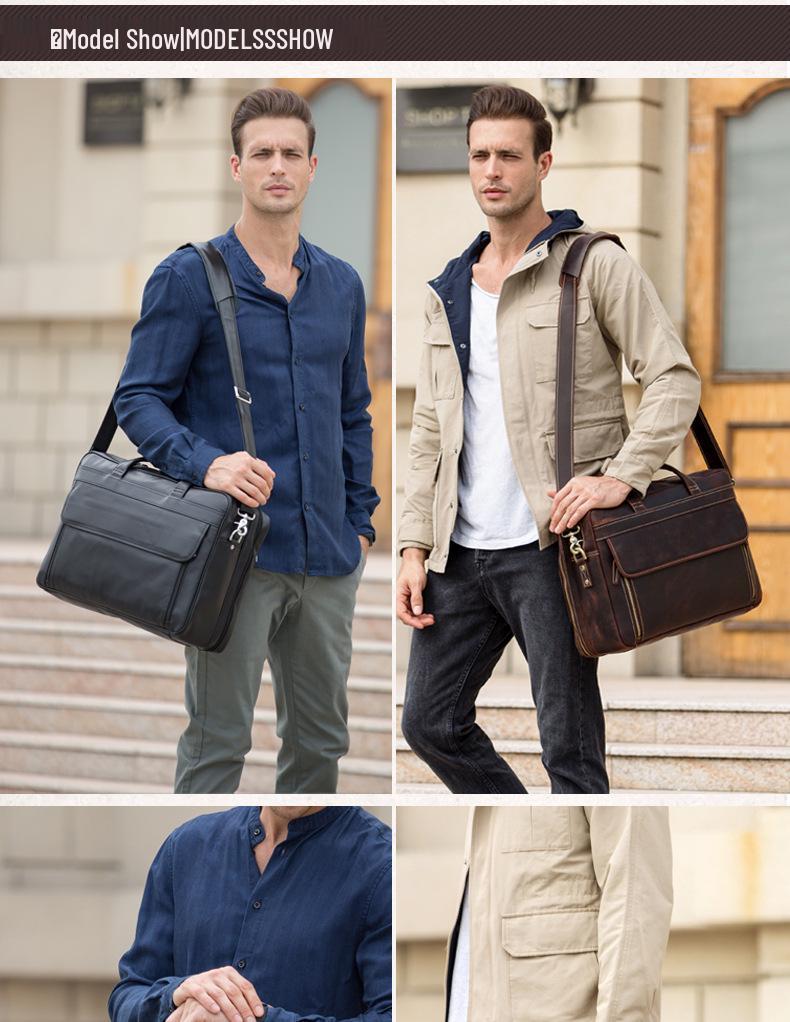 Genuine Leather Men's 17-inch Laptop Briefcase, Crossbody Cowhide Commuter Bag