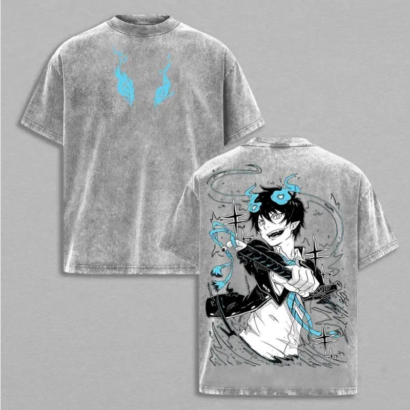 Okumura Rin Printed Tee Anime Blue Exorcist Clothing Men Women Retro Washed T-shirts Short Sleeve Tshirt Harajuku Cotton T Shirt