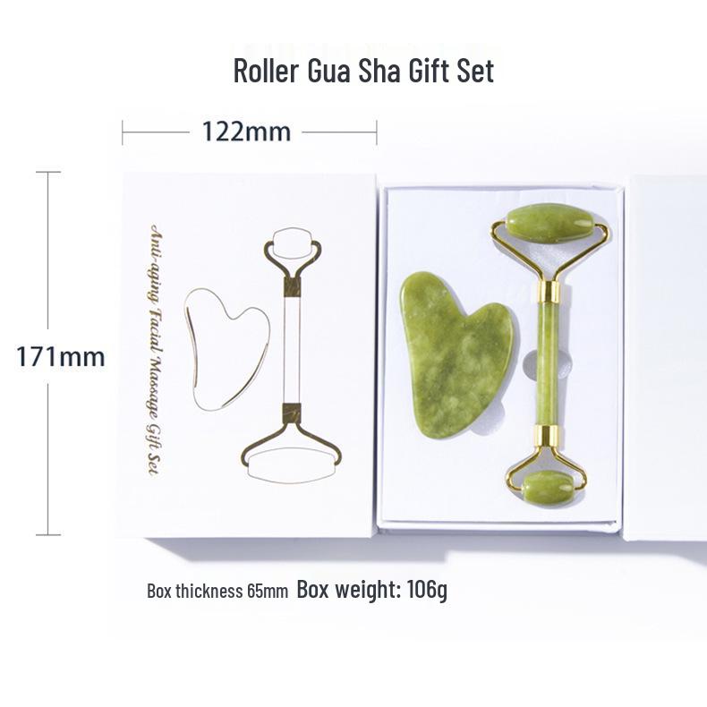 Natürliches Jade Gesichtsmassagegerät Set: Xiuyu Roller & Ochsenhorn Gua Sha Brett