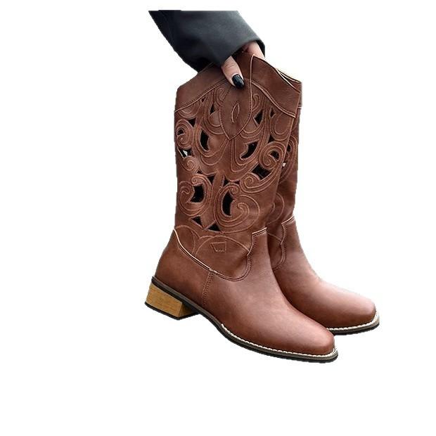 Brown Retro Western Cowboy Boots Women's 2025 New Hollow Mid Boots Embroidered Knight Boots Thick Heel Martin Boots
