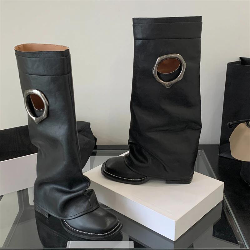 Fashion Eilyken Vintage Fashion Design Hollow Out Women Knee High Boots Round Toe Square Heels Female Shoes Botas De Mujer