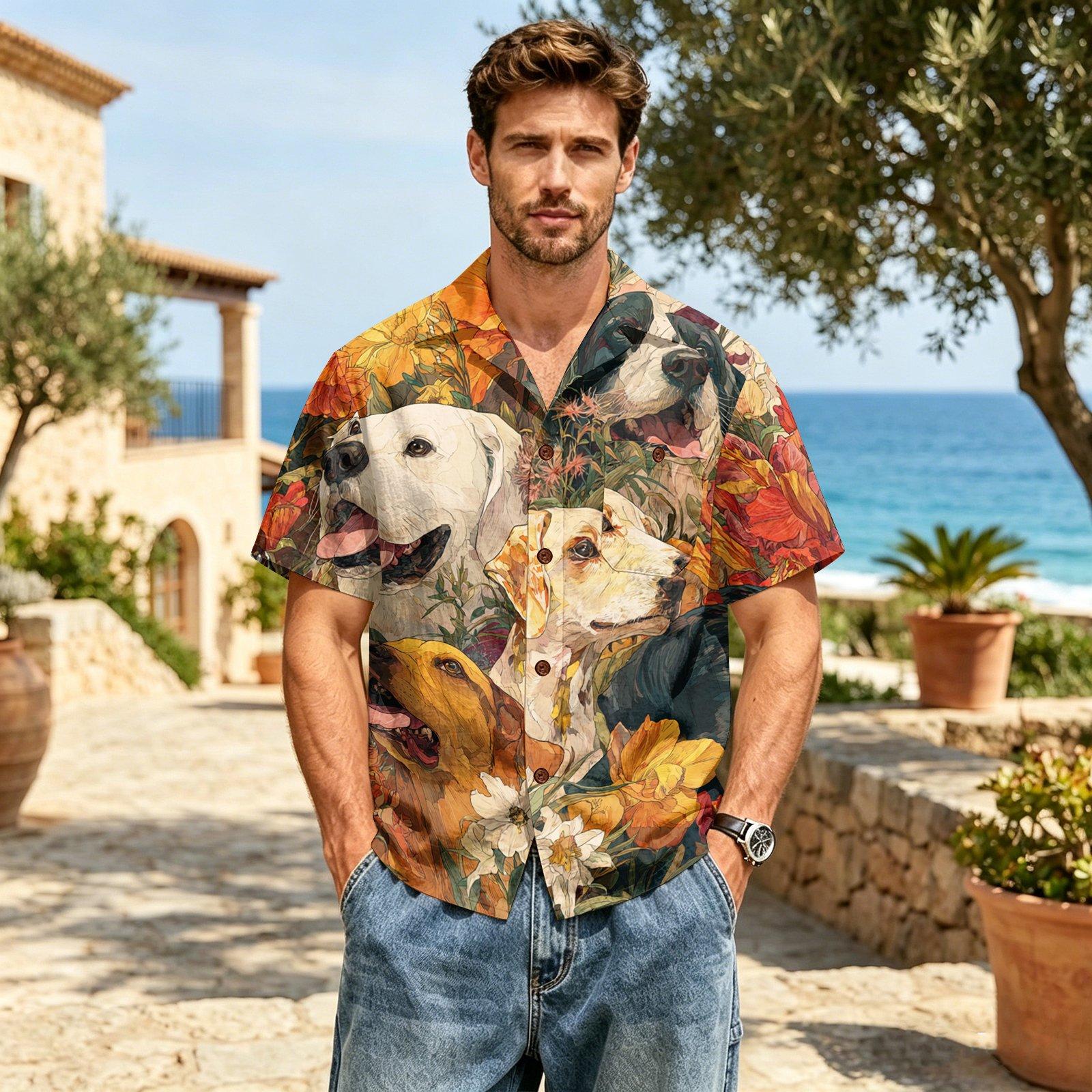 

Men s Casual Short Sleeve Shirt Linen Cotton Blend Button Down Collar Lightweight Summer Top with Floral and Animal Print Design XL