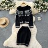 Autumn Winter Women Sweet Print Knitted Sweater Two Piece Set Single Breasted Cardigans Jacket and Mini Short Sheath Skirt Suit