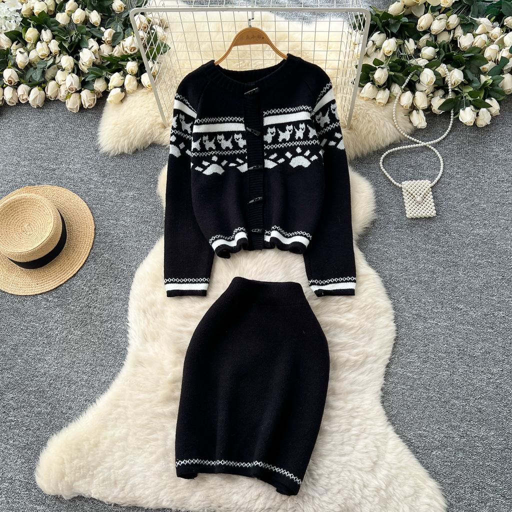 Autumn Winter Women Sweet Print Knitted Sweater Two Piece Set Single Breasted Cardigans Jacket and Mini Short Sheath Skirt Suit
