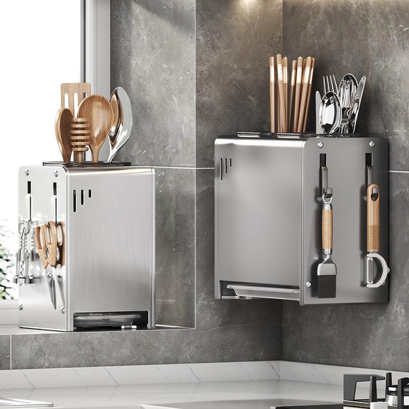 Stainless Steel Wall-Mounted Chopstick & Knife Holder with Drip Rack
