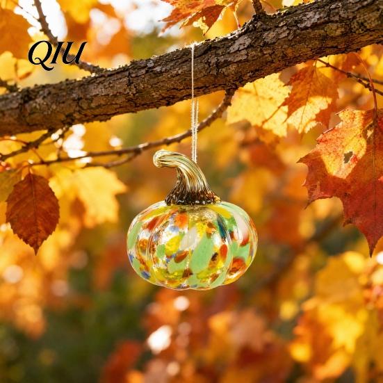 Unique Glass Art Pendant Hand Blown Pumpkin Figurine, Creative Adornment for Desktop Decoration, Fall Rainbow Light Refraction Decor