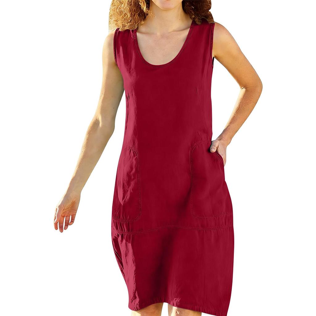 Womens Fashionable Loose-Fit Sleeveless Cotton-Linen -Color Dress With Pockets