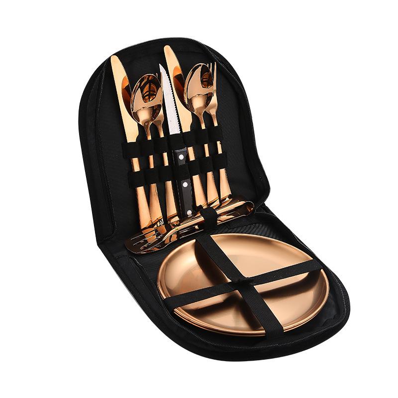 Set de tacâmuri de exterior din oțel inoxidabil cu cuțit, furculiță, lingură și pungă de pânză