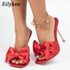 Fashion Eilyken New Arrival Silk Butterfly-knot High Heels Women Slippers Square Toe Mule Slippers Slides Party Pumps Shoes