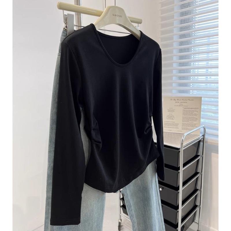 

Solid color U-neck front shoulder long-sleeved T-shirt women s season slim-fit undershirt pleated top S