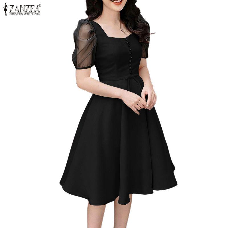 ZANZEA Women Casual Square Collar Splice Short Sleeve Elegant Dress