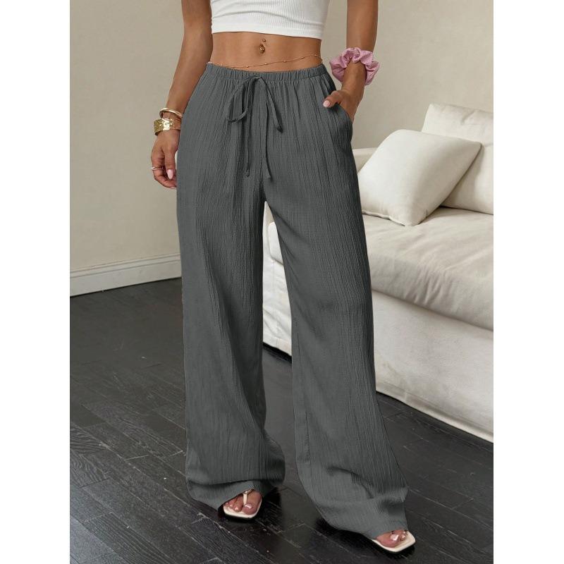 Women's Summer Casual Solid Color Textured Fabric Wide Leg Pants, Knot Waist Oblique Pocket Trousers