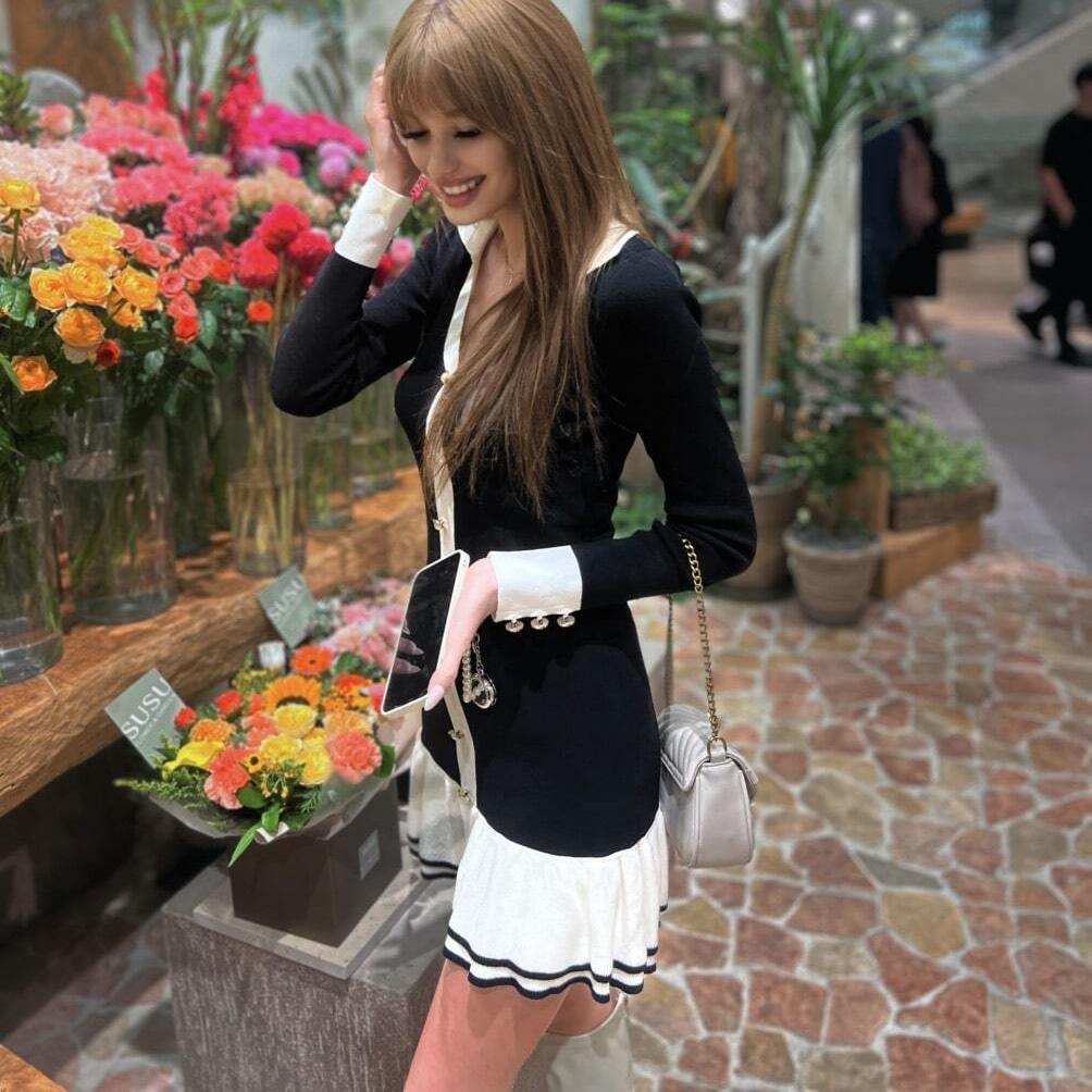Ruffle Splice Knitwear Dress Women Elegant Bandage Bow Backless Mini Dresses Femme Holiday Long Sleeve Contrast Cardigan Lace Up Vacation Knit Dress