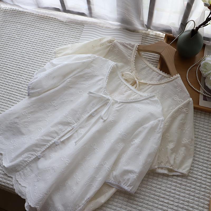 Korean Lace Jacquard Tie-Up Bubble Sleeve Women's Shirt - Summer 2025 Collection