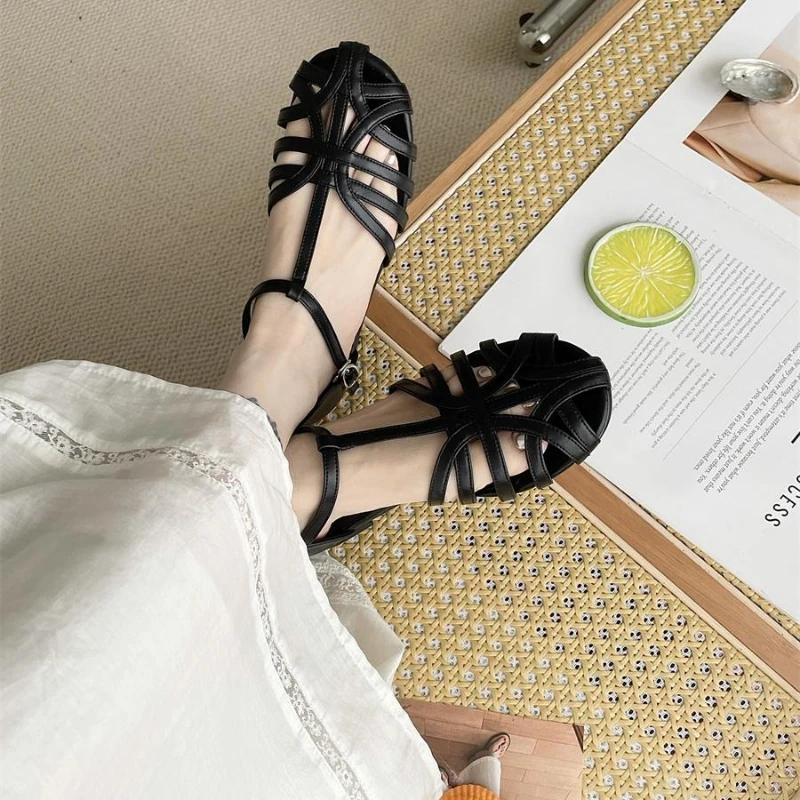 Shoes for Women 2025 Fashion Summer Buckle Strap Weave Hollow Out Women's Sandals Round Toe Flat Bottom Dress Sandals Women