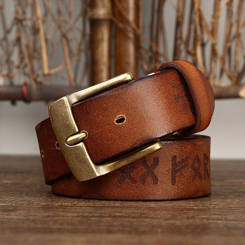 Belt Men's Retro Personalized Trendy Laser Engraving Genuine Cattlehide Leather Surface Brass Buckle Men's Jeans Belt Men's