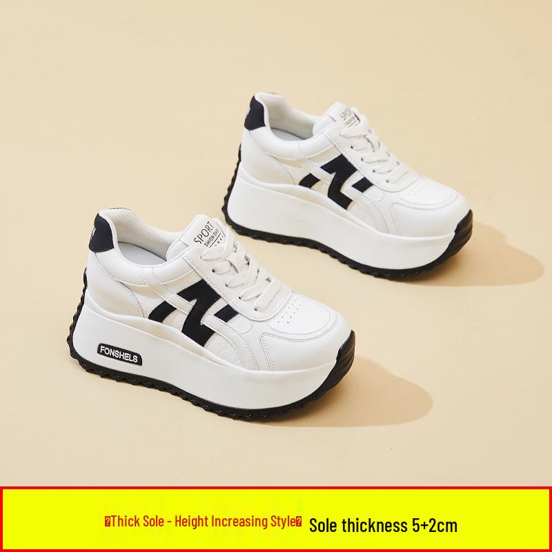 

Белые кроссовки в стиле колор-блок: 2025 Весна/Осень Толстая подошва Платформа Шнуровка Студенческая Спортивная обувь - Размер 34 38 чёрный