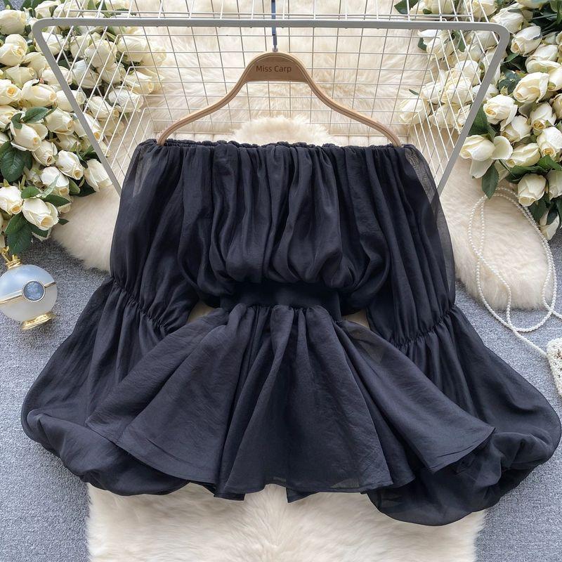

off-Shoulder Puff Sleeves Waist Trimming Ruffles French Shirt Black One size