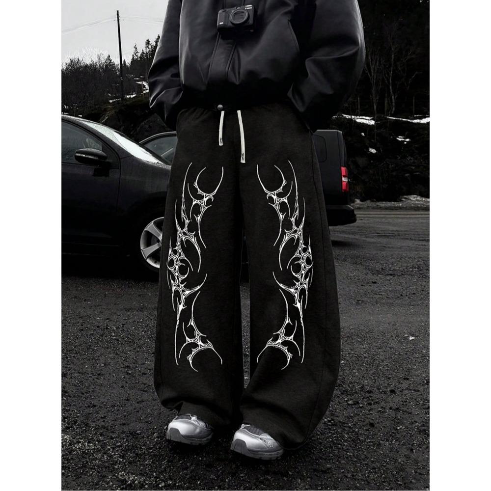 Black Wide Leg Men's Sports Pants, White Flame and Tribal Abstract Print Loose, Urban Street Style