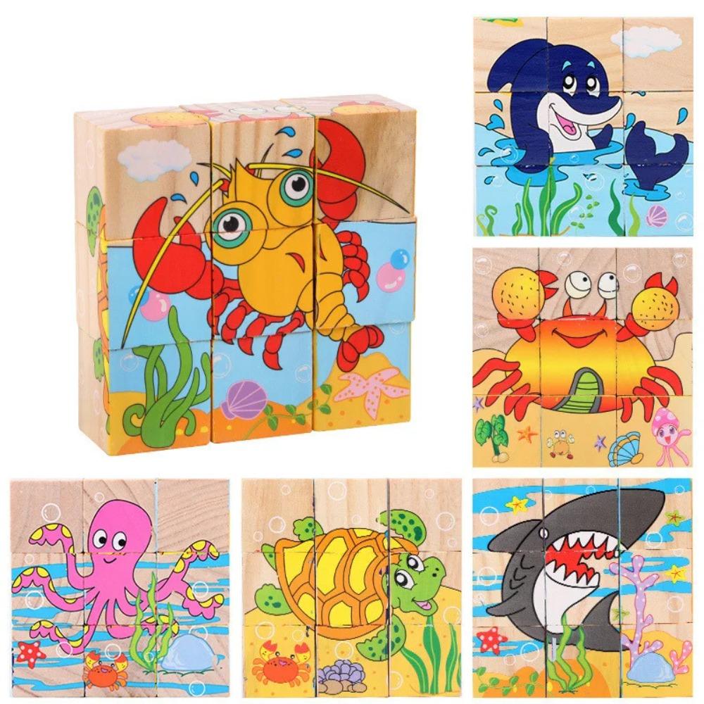 Wooden Blocks Toys Six Side Cube Jigsaw Puzzles Game Animal Fruit Traffic Cognize Early Learning Educational Toys