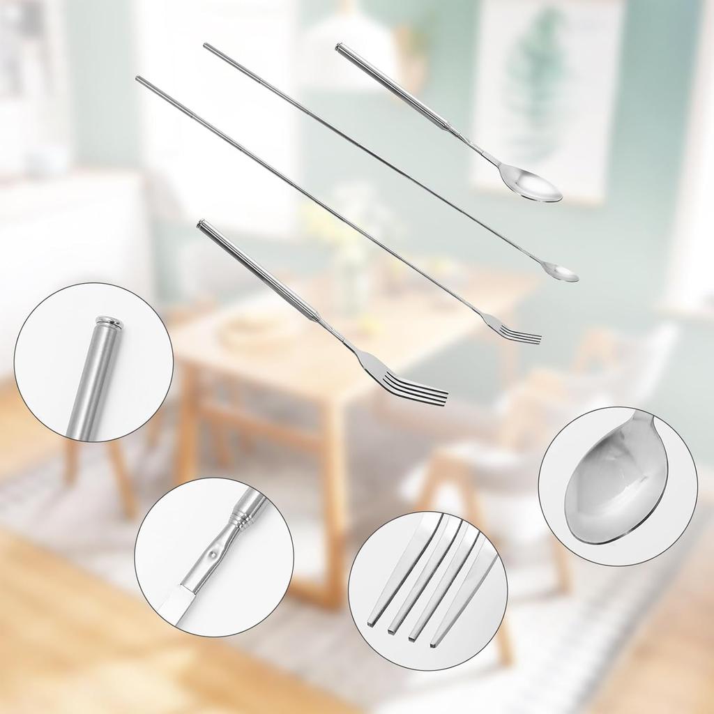 4pcs Extendable Fork and Spoon Set, Stainless Steel Telescopic Extension Dinner Fork, Retractable BBQ Fruit Dessert Fork for Cooking, Outdoor,
