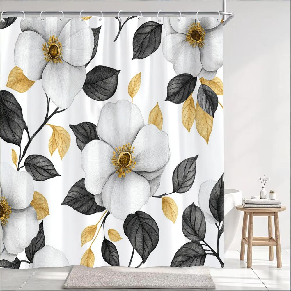 Black And White Flowers Printed Shower Curtain Partition Privacy Hanging Floral Bathroom Curtain With Hooks Decoration Curtain
