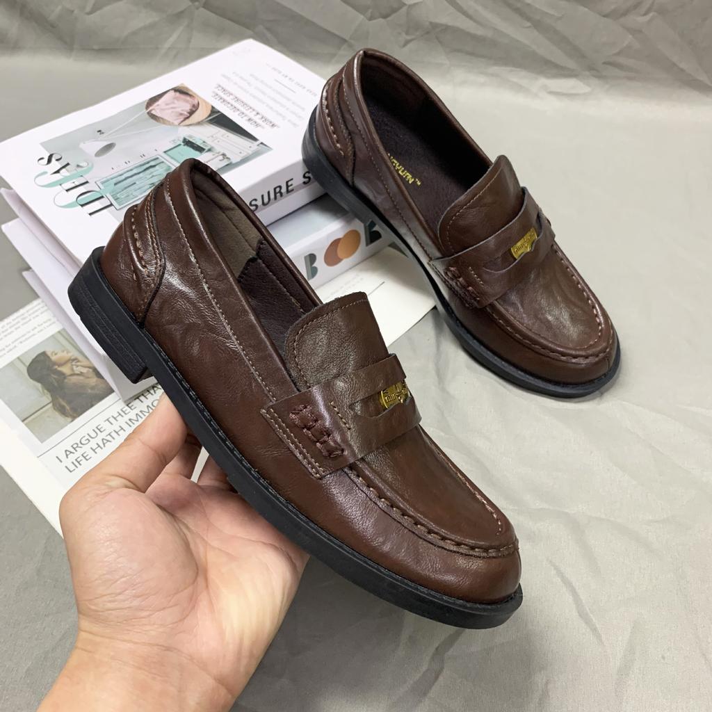 Spot second hair! Fashion versatile new horse leather retro polished small gold coin thick heel platform loafers small leather shoes