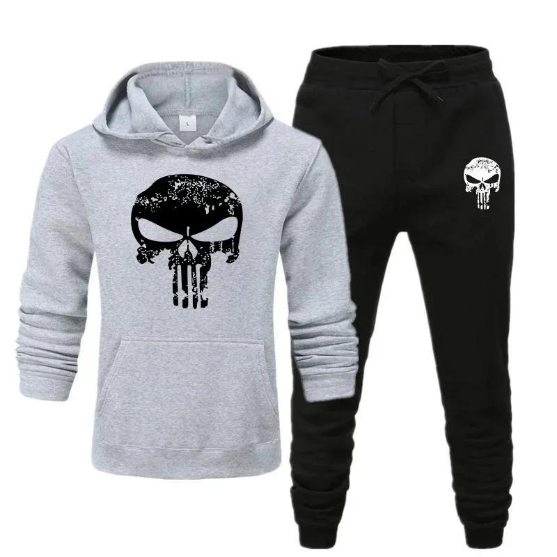 Worn-skull Men Hoodie & Jogger Set Front Vintage Scratched Skull Chest Print, Slim Bone Mark on Trousers, Thick Fleece Outfit for Outdoor Day Trips
