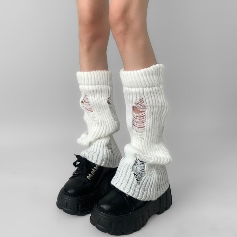 Womens Girls Lolitas Holes Leg Warmers Winter Knitted Leg Sleeves Goth Crochet Ankle Heap Socks JK Uniform Foot Cover