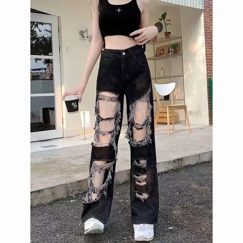 

Большие размеры, черные рваные джинсы High Street, женские свободные прямые широкие длинные брюки 4XL чёрный