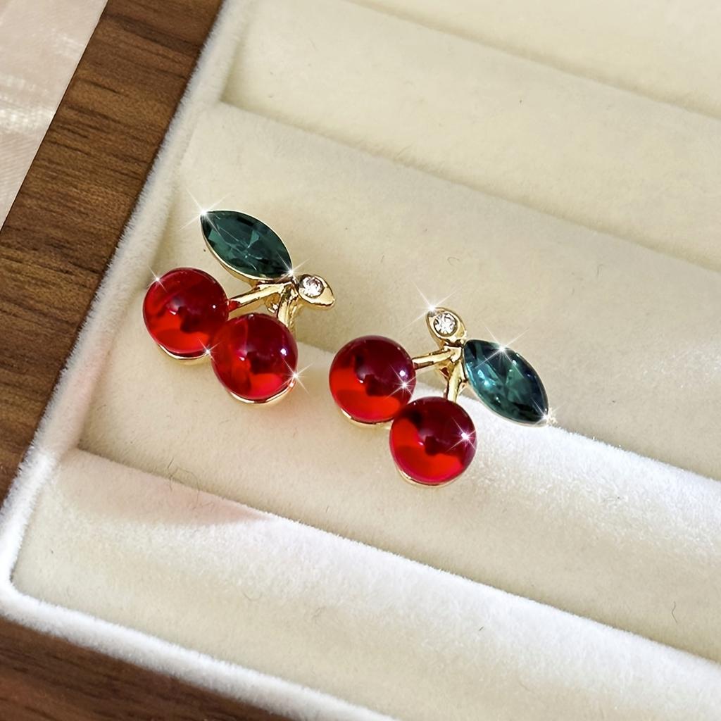 1 Pair Vintage Style Cherry Stud Earrings, Zinc Alloy with Red Simulation Gemstone, Elegant Fruit Design, for Daily Wear