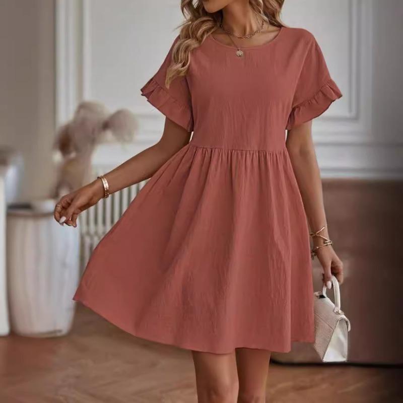 Summer Short Sleeve Women Dress Casual Elegant Round Neck Loose Vintage Dress for Women Fashion Ruffled A Line Lady Dresses 24177