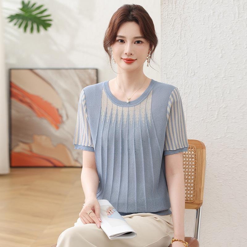 Fashionable Summer Ice Silk Short Sleeve Knit T-shirt for Middle-aged & Plus Size Women