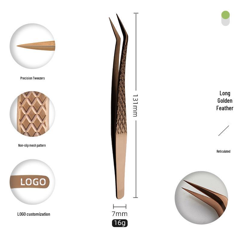 Golden Feather Stainless Steel Eyelash Tweezers for Grafting and Extensions