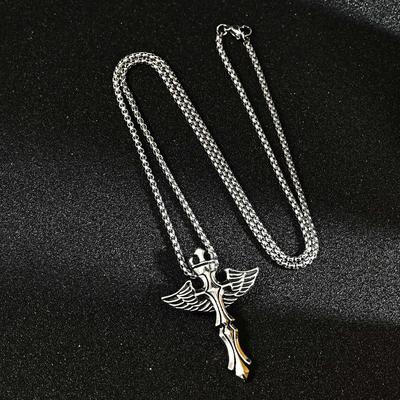 Mens Dragon Wing Pendant Necklace Viking Cross Metal Alloy Gothic Jewelry Unique Gift for Him