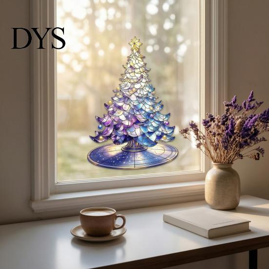 Modern Christmas Home Ornaments Stained Glass Style Tree Static Window Cling, Gradient Starry Sky Self Adhesive Holiday Film Xmas Sticker, Reusable