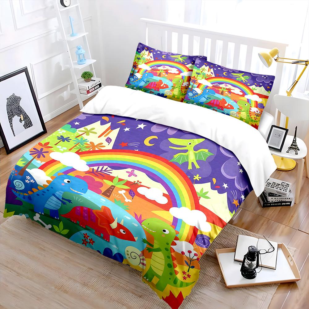 Cartoon Dinosaur World and Rainbow Pattern Duvet Cover Set Digital Print Colorful Polyester Bedding with Zipper Closur
