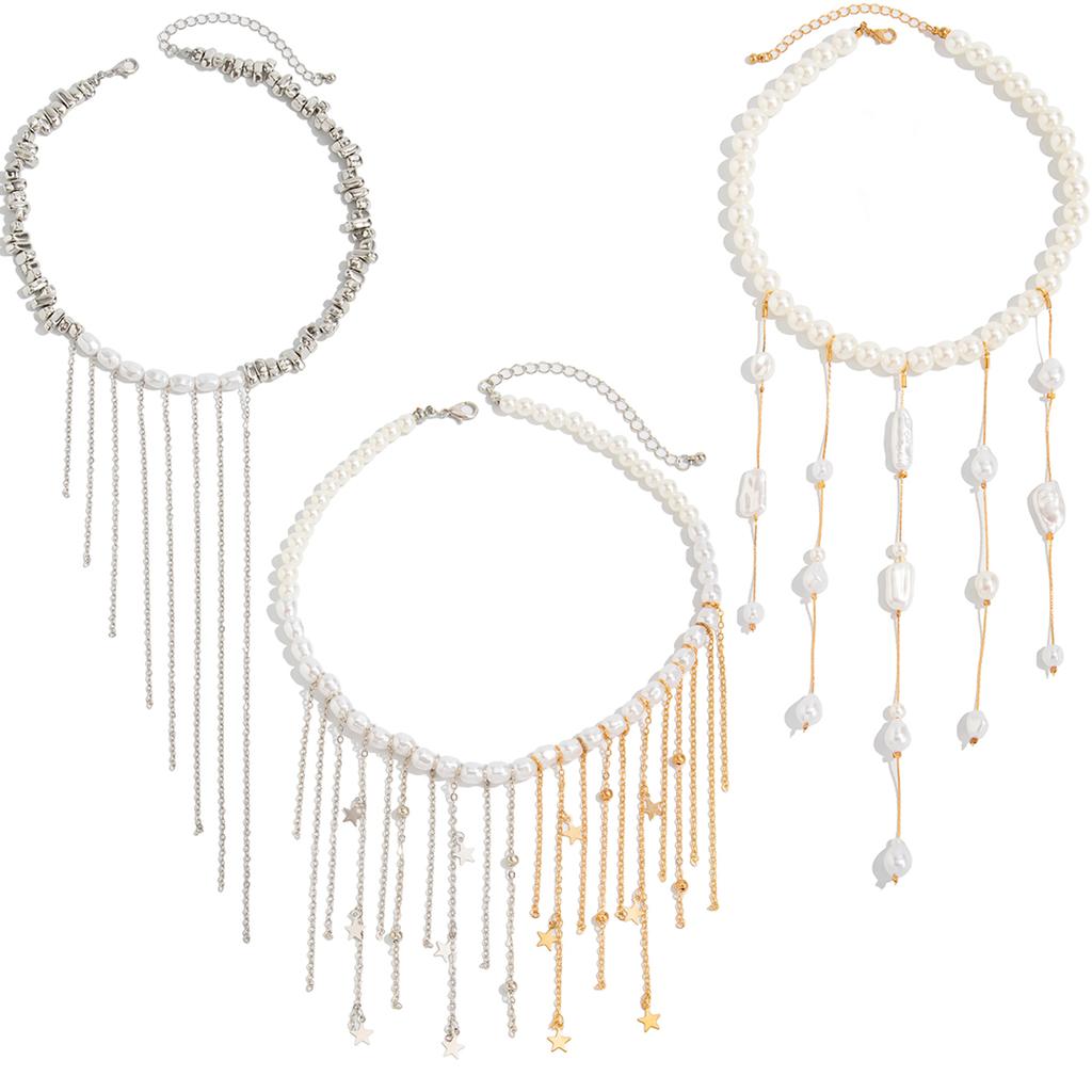 Salircon Sexy 3Styles Imitation Pearl Tassel Open Torques Choker Necklace Women Trendy CCB Bead Clavicle Neck Party Jewelry