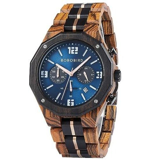 BOBO BIRD mens wooden watch sports fashion wristwatch casual chronograph quartz stainless steel strap date display blue medium luxury elegance